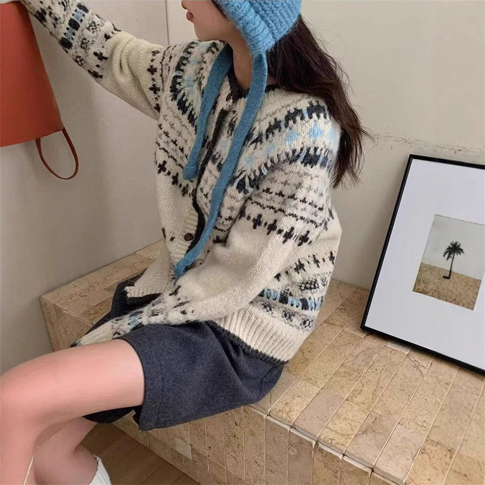 Female Versatile Ethnic Jacquard Knitted Cardigan Top