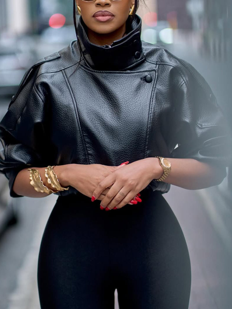 Black Lychee Grain Faux Leather Stand Collar Puff Sleeve Cropped Jacket