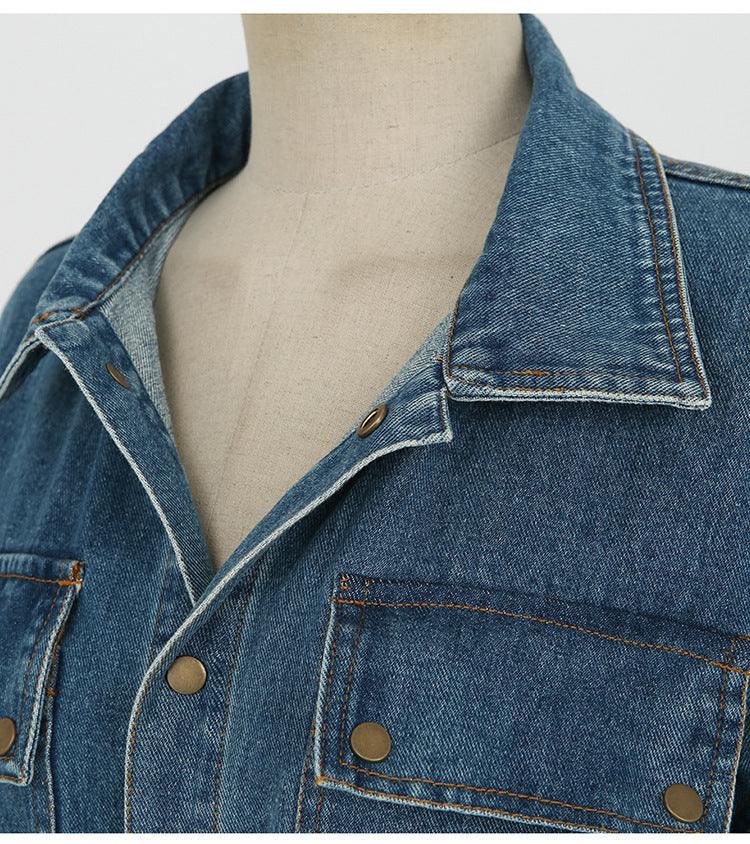 Korean style slim denim dress female waist single breasted