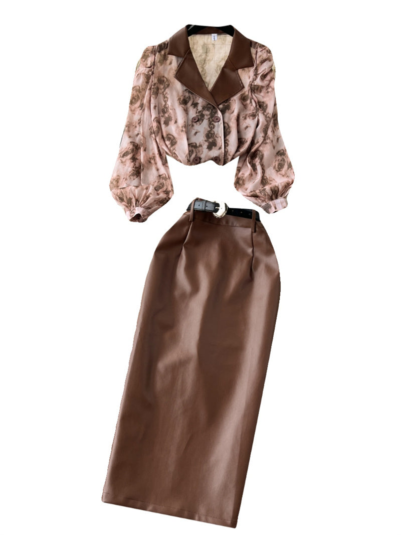 Suit Collar Floral Chiffon Shirt High Waist Tight PU Leather Half-body Skirt Set