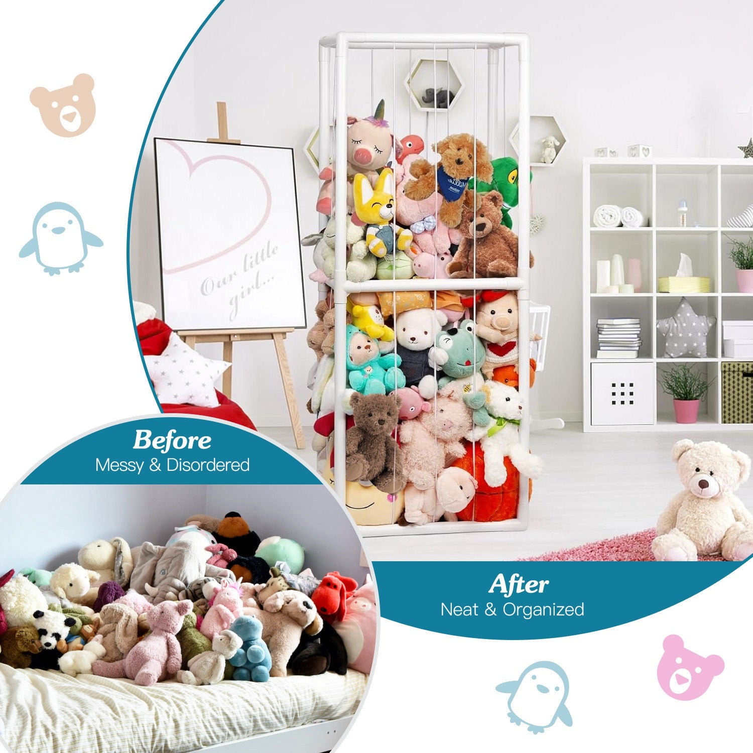 1Pc Stuffed Animal Storage PVC Plush Organizer Shelf Plush Stuffed Animal Holder Standing Kids Toy Storage Cage With Elastic Band For Nursery Play Room Bedroom