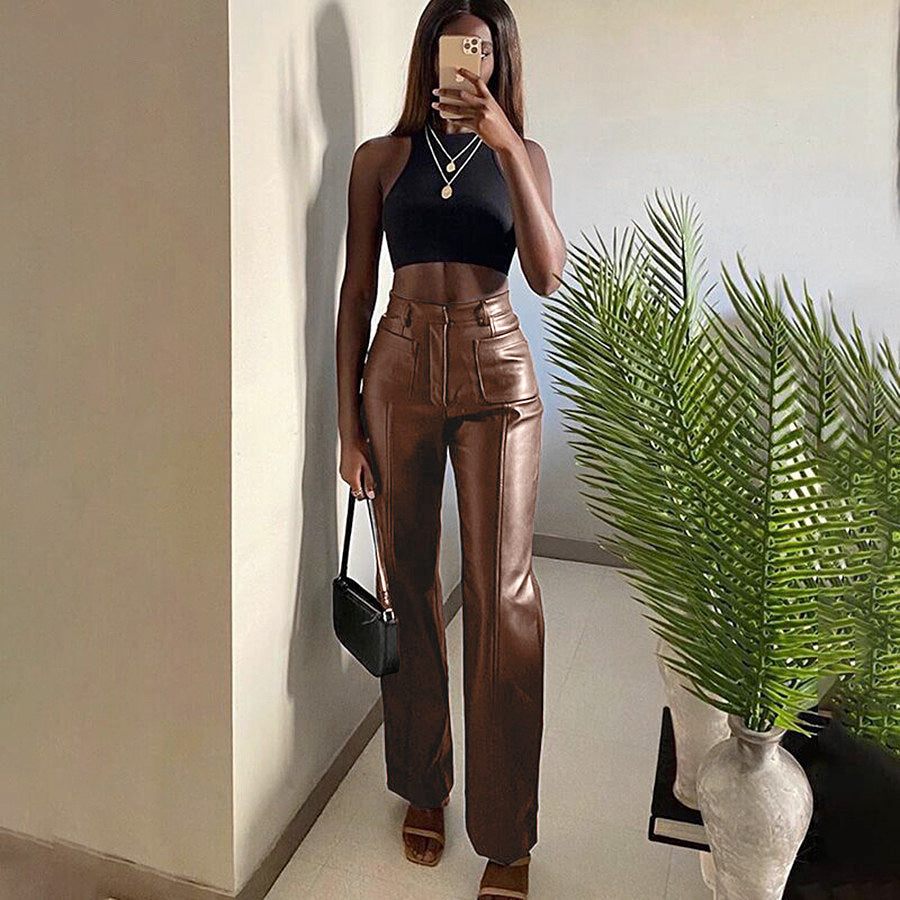 Two-pocket sexy slim PU leather pants