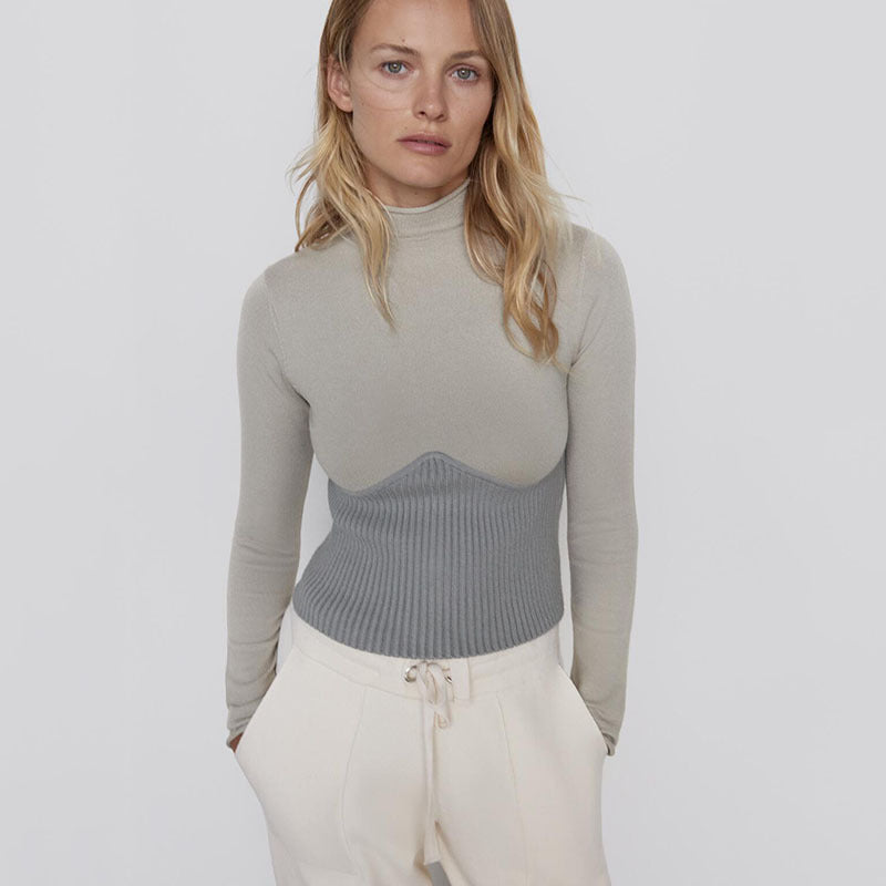 Winter Patchwork Turtleneck Knit Sweater Long Sleeve Pronounced Seam Slim Pullover Female Chic Knitted Top