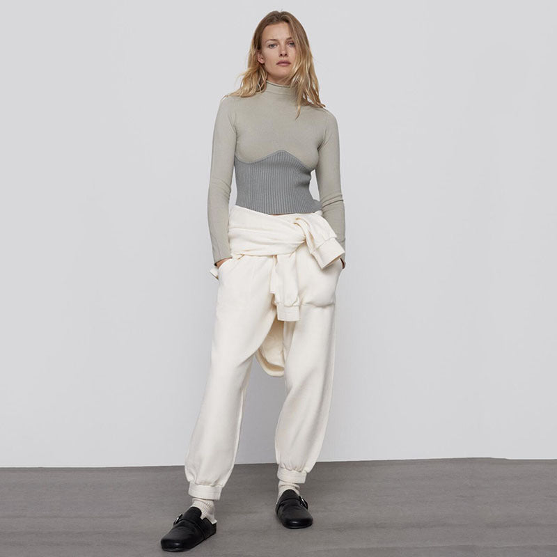 Winter Patchwork Turtleneck Knit Sweater Long Sleeve Pronounced Seam Slim Pullover Female Chic Knitted Top