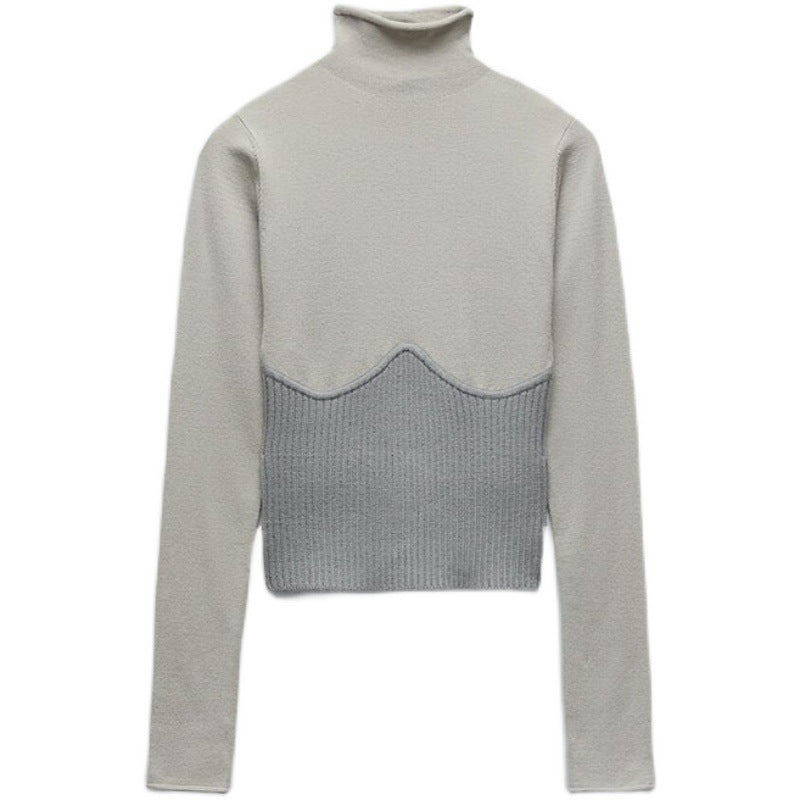 Winter Patchwork Turtleneck Knit Sweater Long Sleeve Pronounced Seam Slim Pullover Female Chic Knitted Top