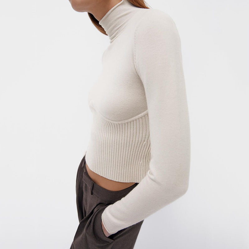 Winter Patchwork Turtleneck Knit Sweater Long Sleeve Pronounced Seam Slim Pullover Female Chic Knitted Top