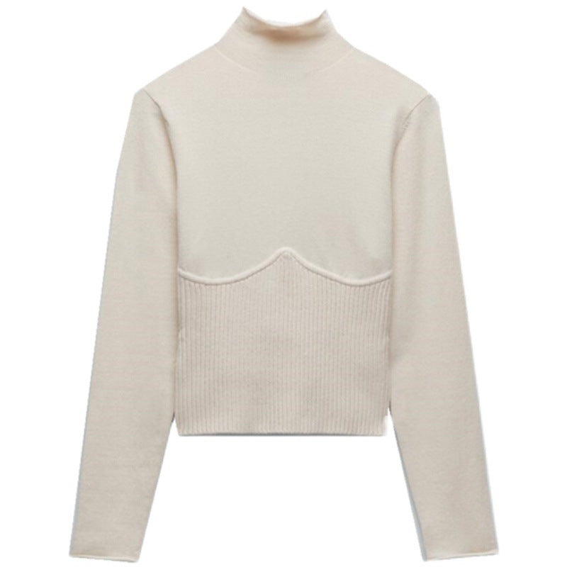 Winter Patchwork Turtleneck Knit Sweater Long Sleeve Pronounced Seam Slim Pullover Female Chic Knitted Top