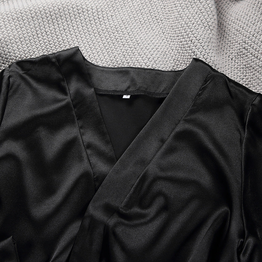 Sexy V-neck Long-Sleeved Home Satin Cardigan Pajamas