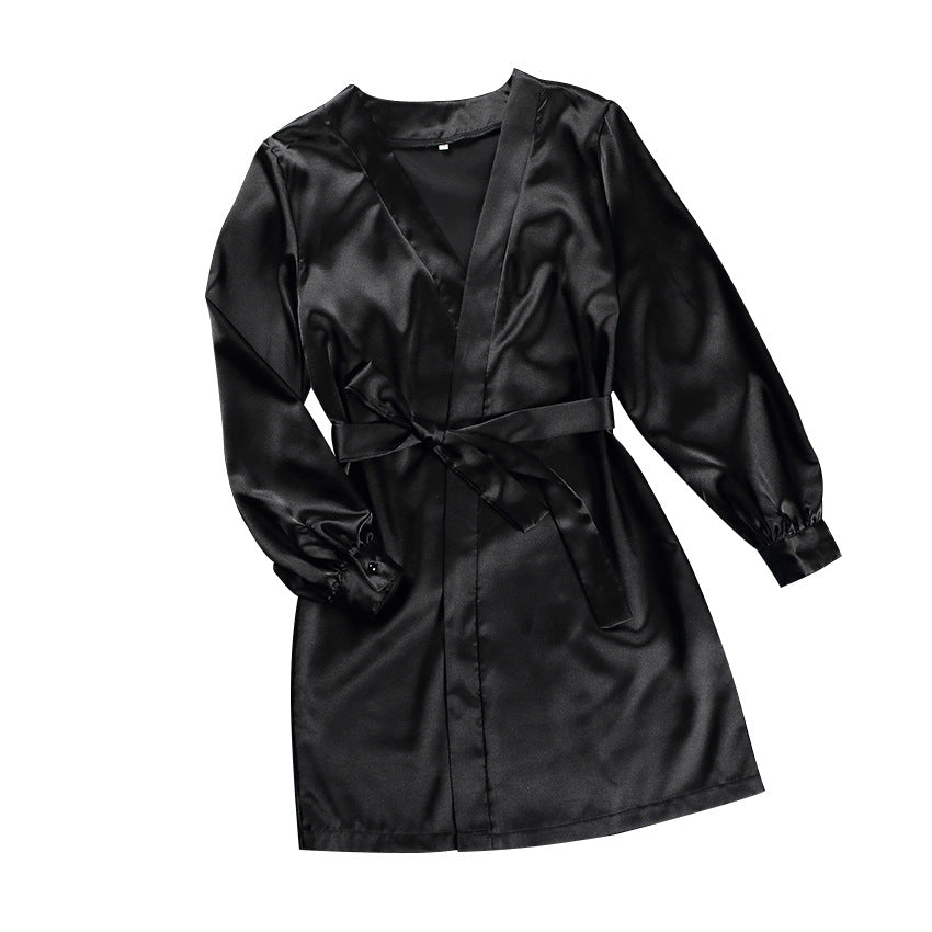 Sexy V-neck Long-Sleeved Home Satin Cardigan Pajamas
