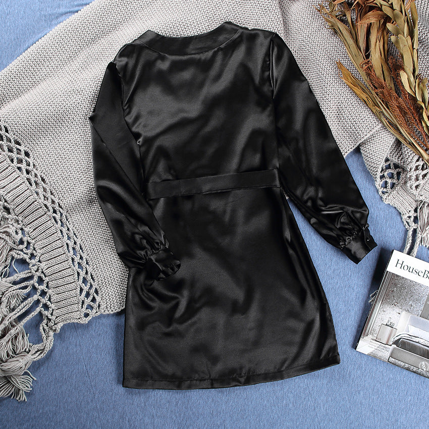 Sexy V-neck Long-Sleeved Home Satin Cardigan Pajamas