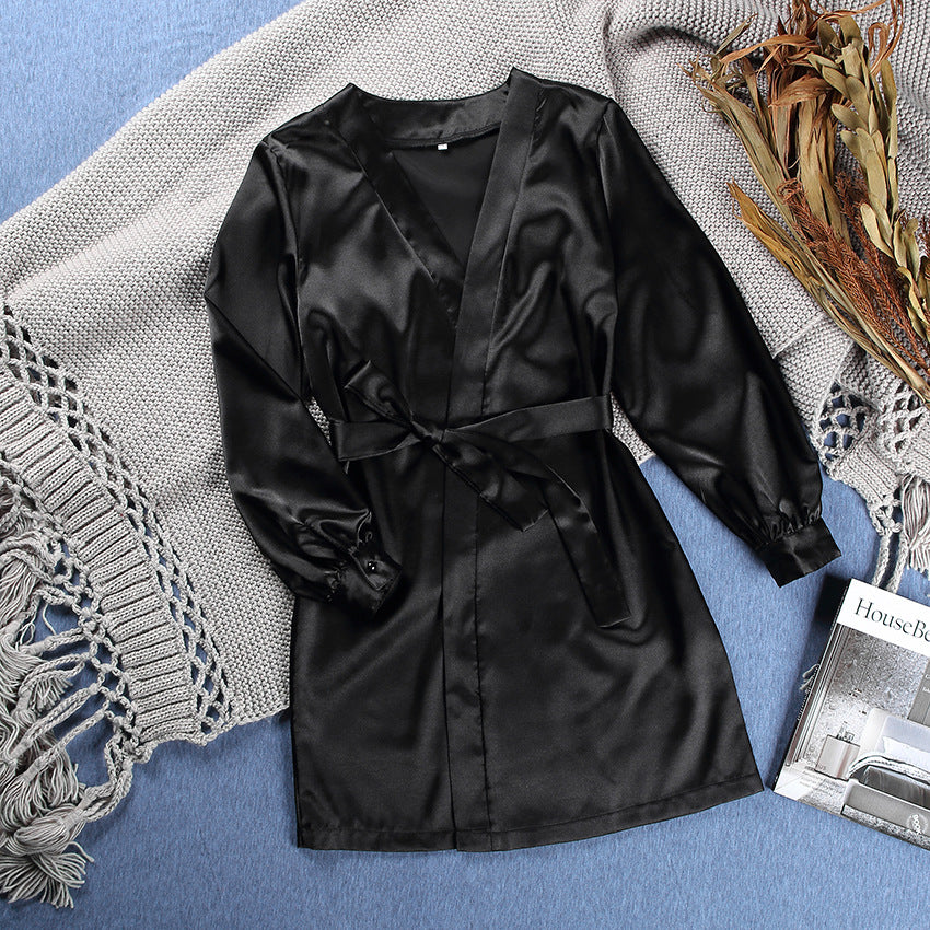 Sexy V-neck Long-Sleeved Home Satin Cardigan Pajamas