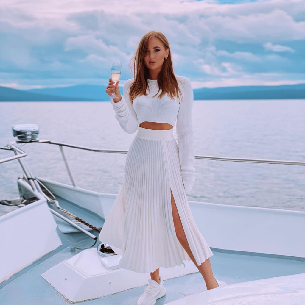 Cardigan Slit Sweater Pleated Skirt Set