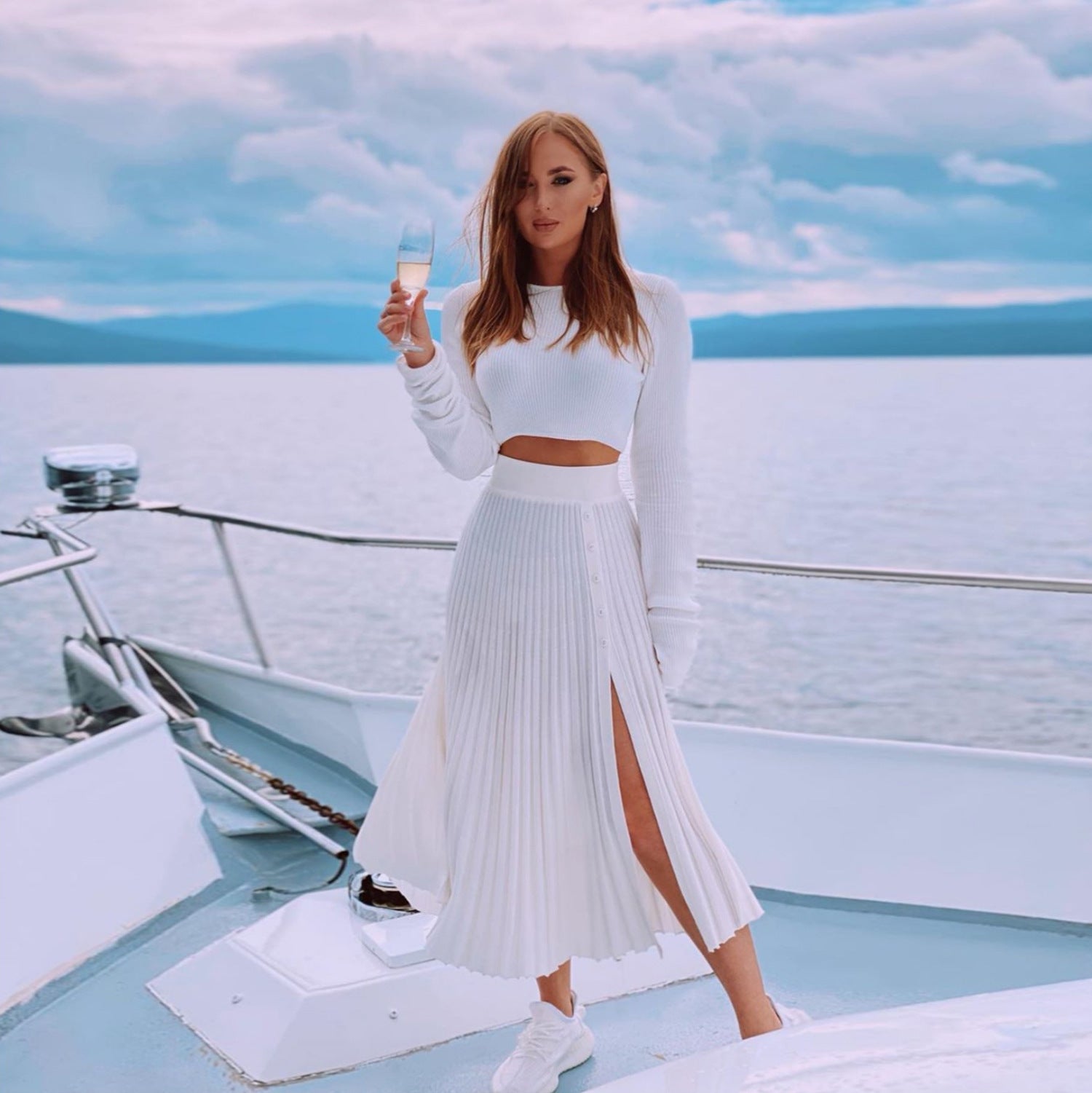 Cardigan Slit Sweater Pleated Skirt Set