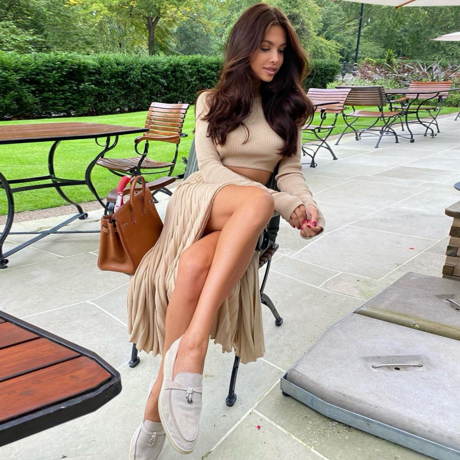 Cardigan Slit Sweater Pleated Skirt Set