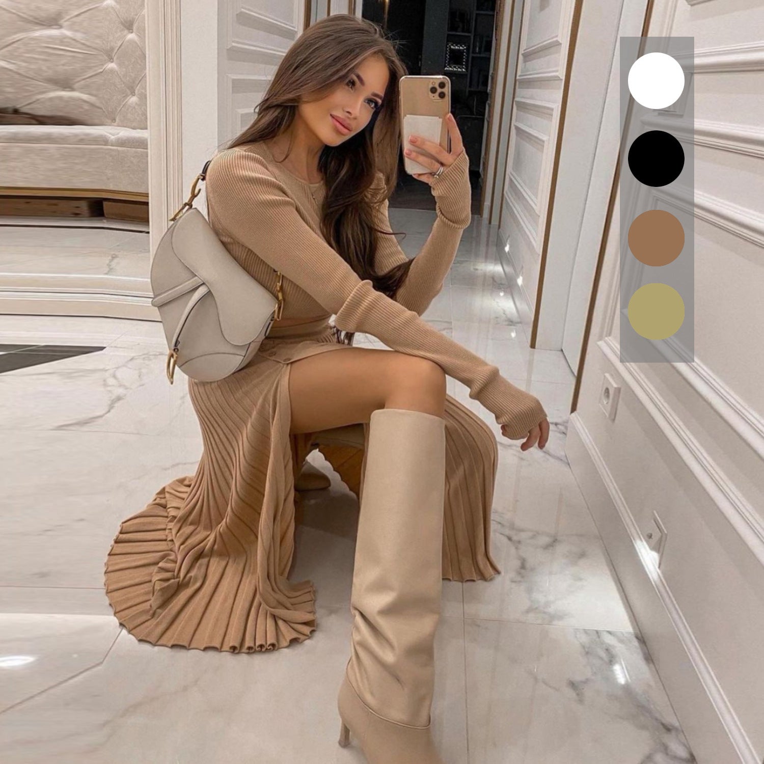 Cardigan Slit Sweater Pleated Skirt Set