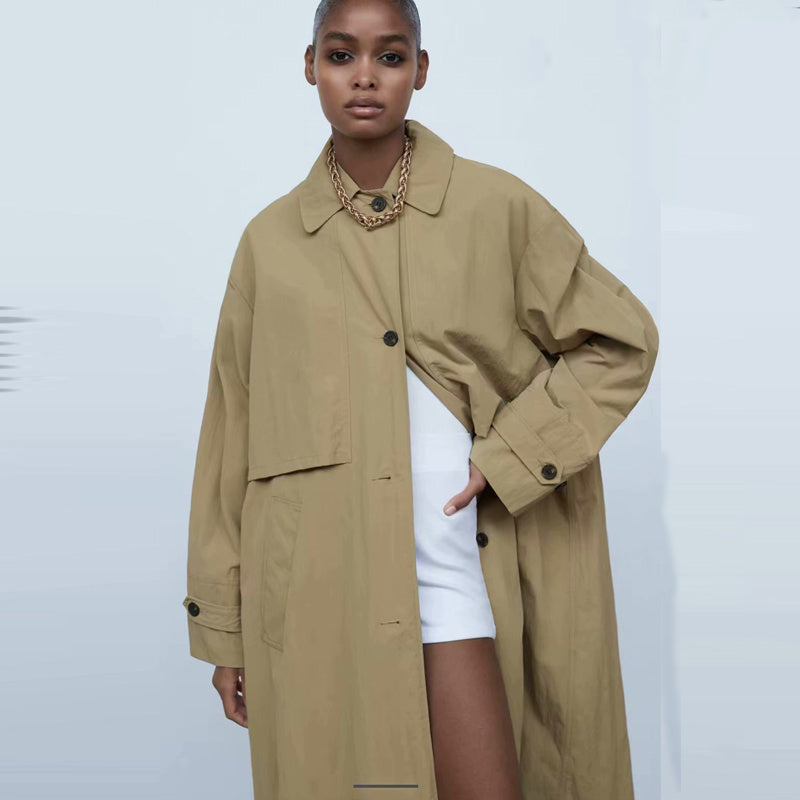 Single Breasted Khaki Solid Hooded Windbreaker