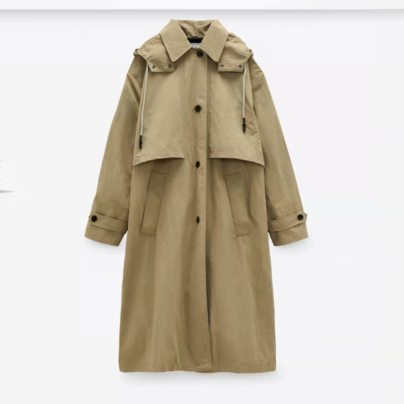 Single Breasted Khaki Solid Hooded Windbreaker