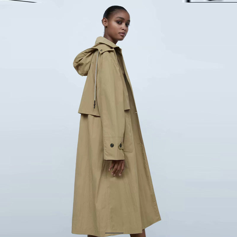 Single Breasted Khaki Solid Hooded Windbreaker