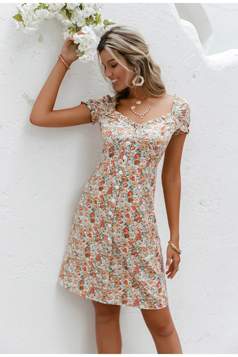 Square Neck Short Sleeve Floral Single-breasted Slim Dress European