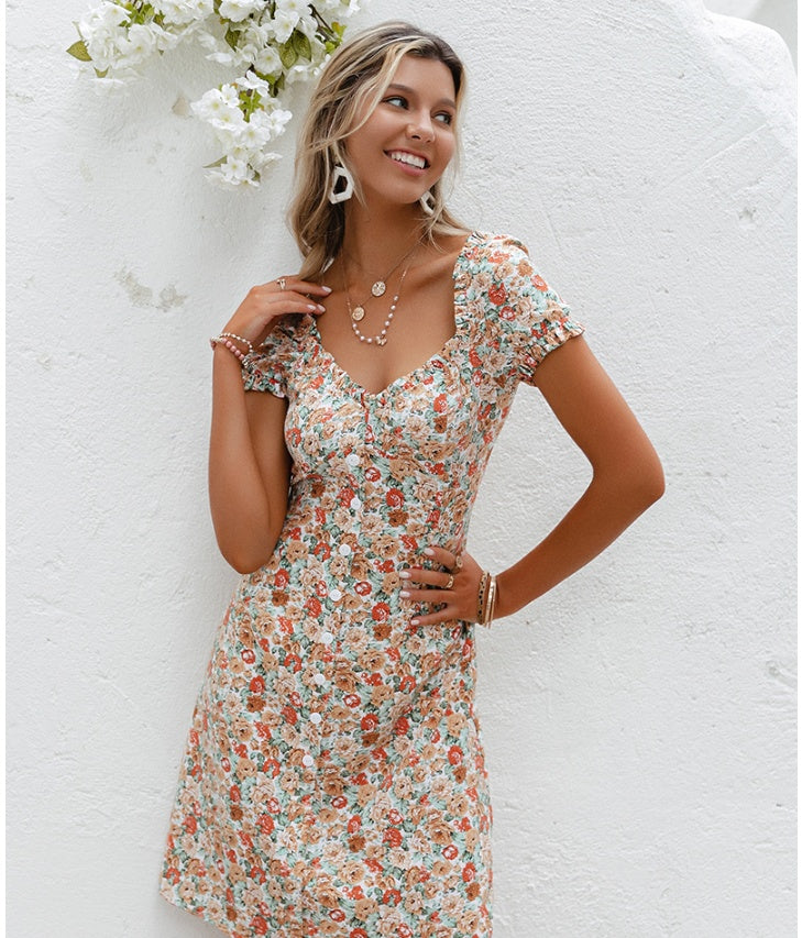 Square Neck Short Sleeve Floral Single-breasted Slim Dress European
