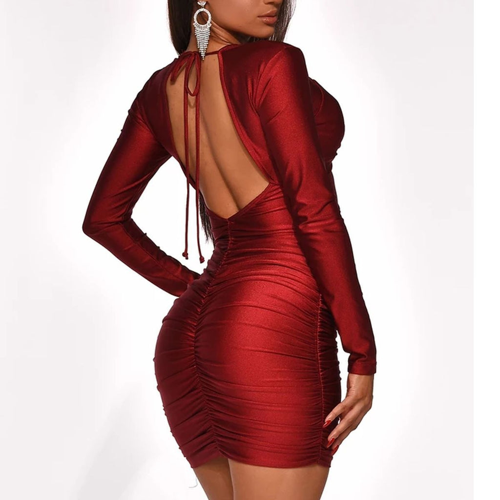 Open Back Strappy Pleated V-neck Dress Short Skirt Dress