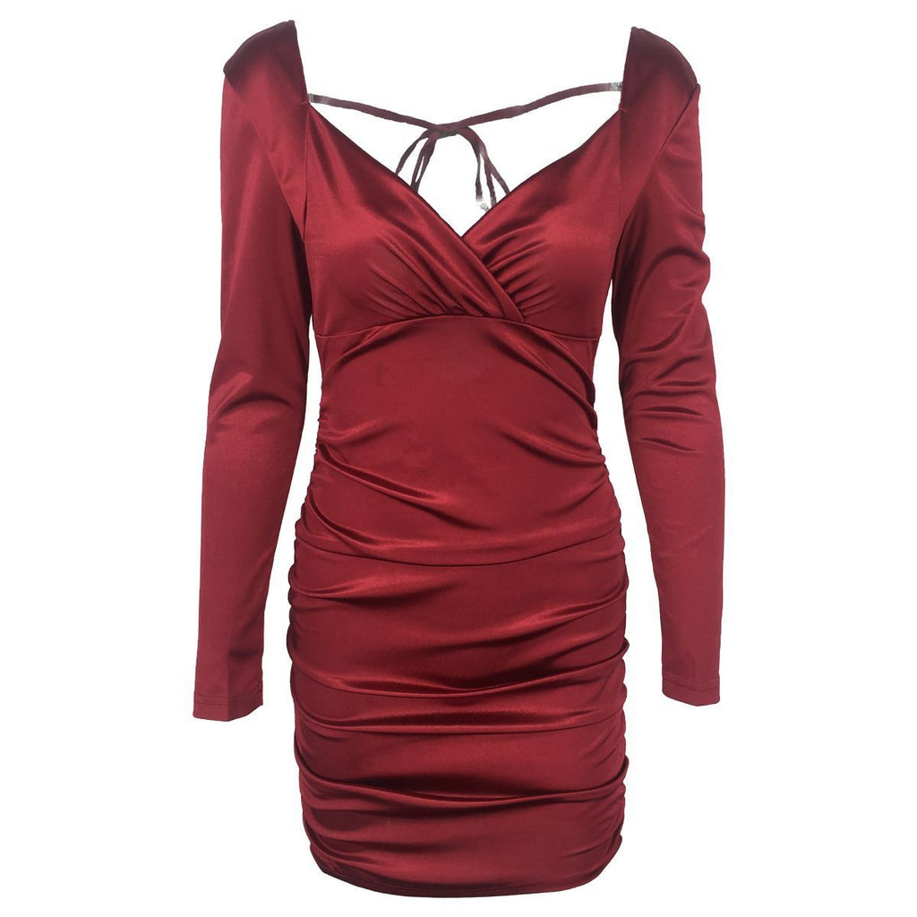 Open Back Strappy Pleated V-neck Dress Short Skirt Dress