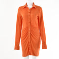 Solid Color Dress Women'S Sexy Long-Sleeved Lapel Single-Breasted Cardigan Skirt