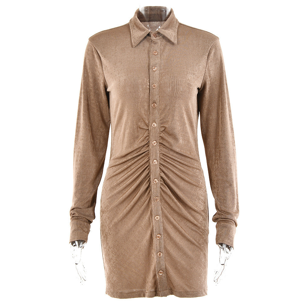 Solid Color Dress Women'S Sexy Long-Sleeved Lapel Single-Breasted Cardigan Skirt