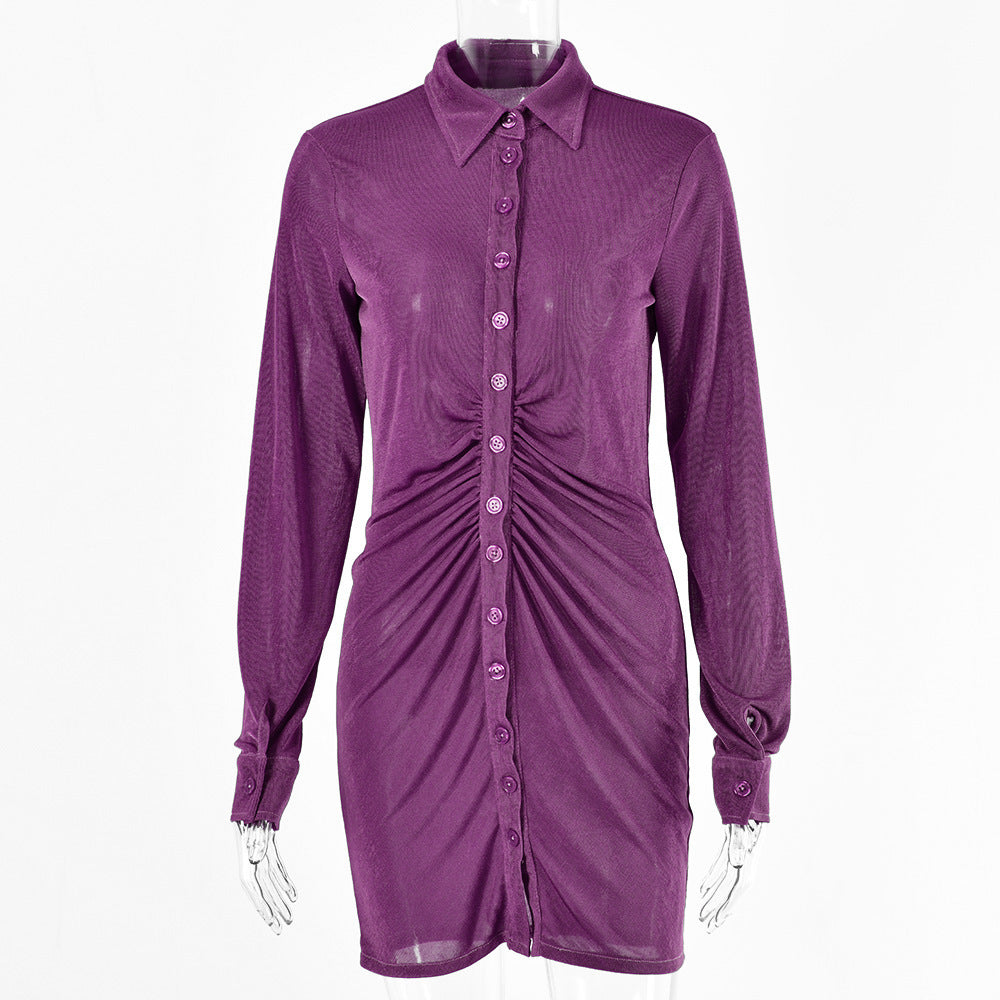 Solid Color Dress Women'S Sexy Long-Sleeved Lapel Single-Breasted Cardigan Skirt