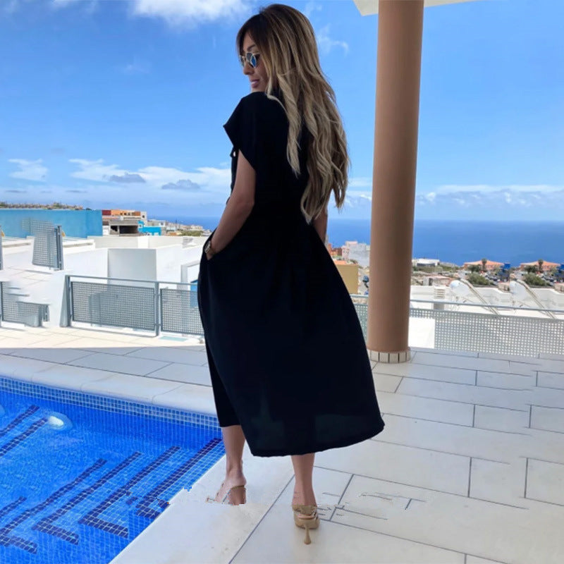 Dress New Style Female Temperament Short-Sleeved Lapel Solid Color Single-Breasted Belt Dress