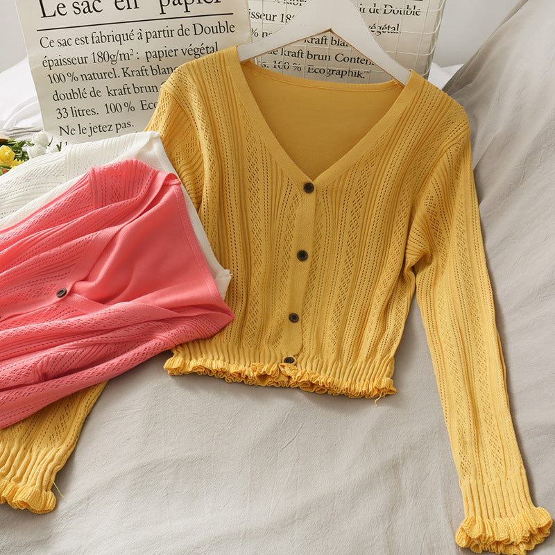 Sweet Wind Single Breasted Wooden Ear Edge Cardigan Long Sleeves