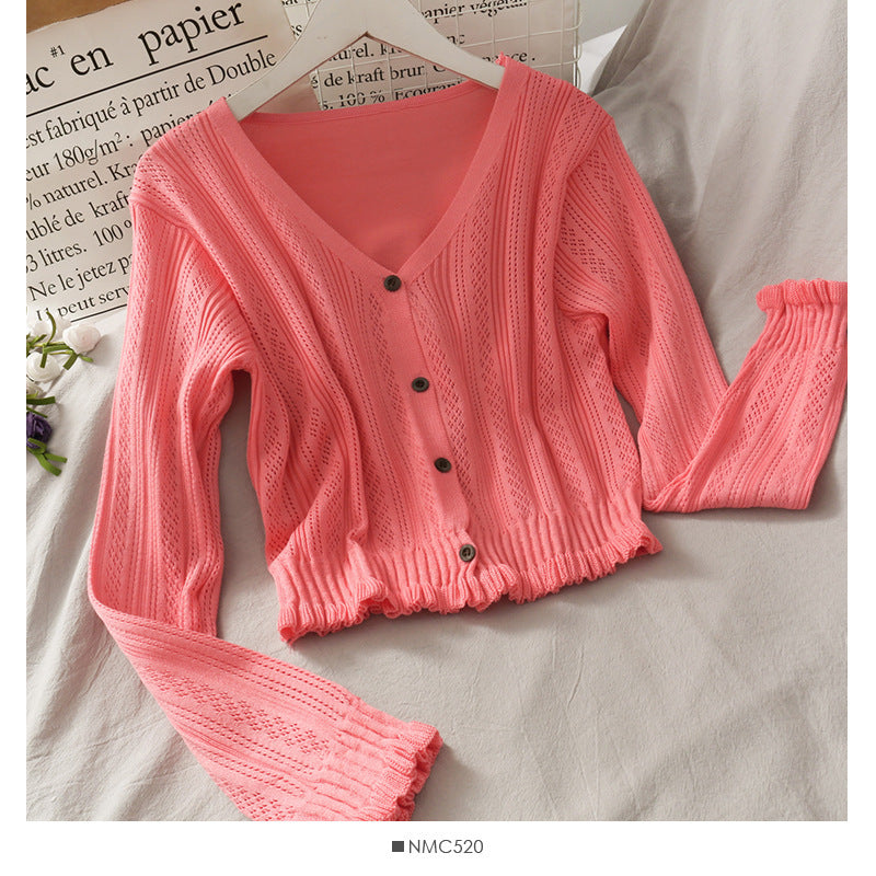 Sweet Wind Single Breasted Wooden Ear Edge Cardigan Long Sleeves