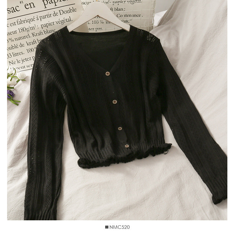 Sweet Wind Single Breasted Wooden Ear Edge Cardigan Long Sleeves