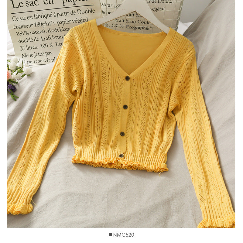 Sweet Wind Single Breasted Wooden Ear Edge Cardigan Long Sleeves