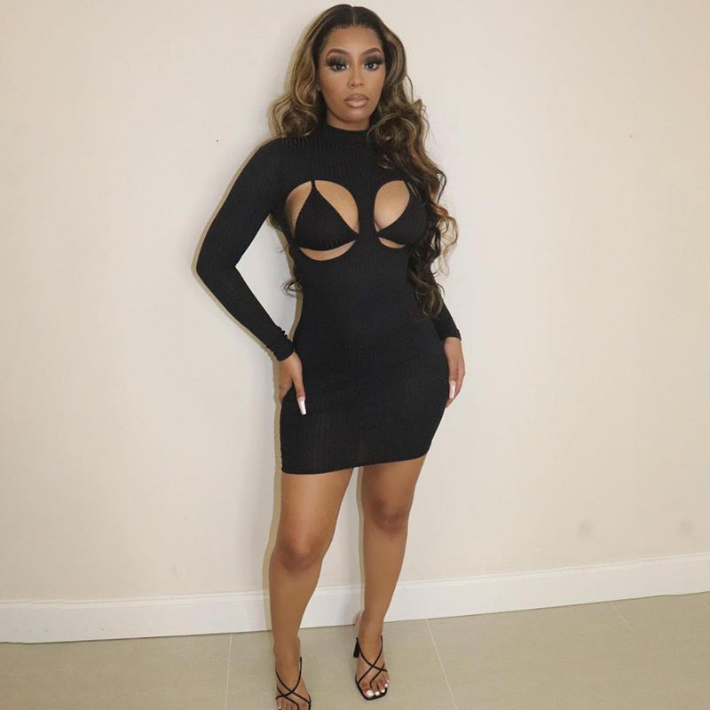 Hollow Stretch Slim Bag Hip Solid Color Dress