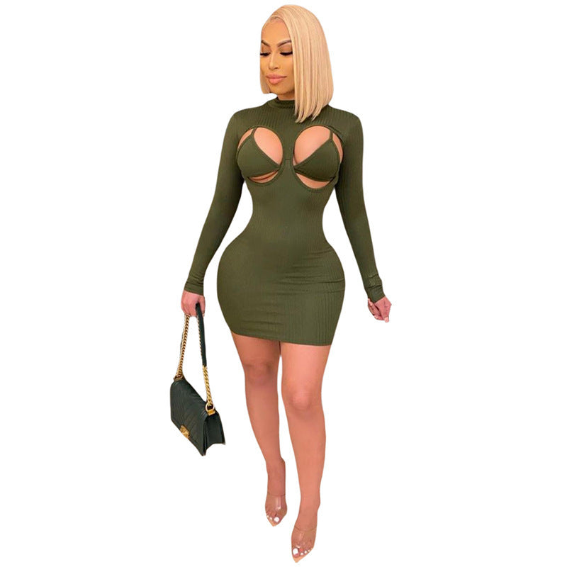 Hollow Stretch Slim Bag Hip Solid Color Dress