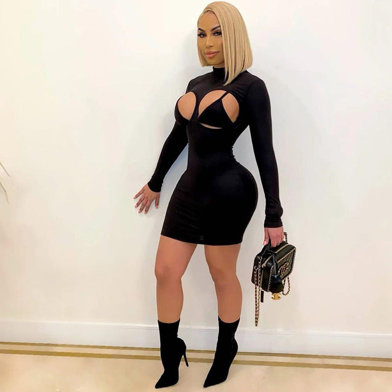 Hollow Stretch Slim Bag Hip Solid Color Dress