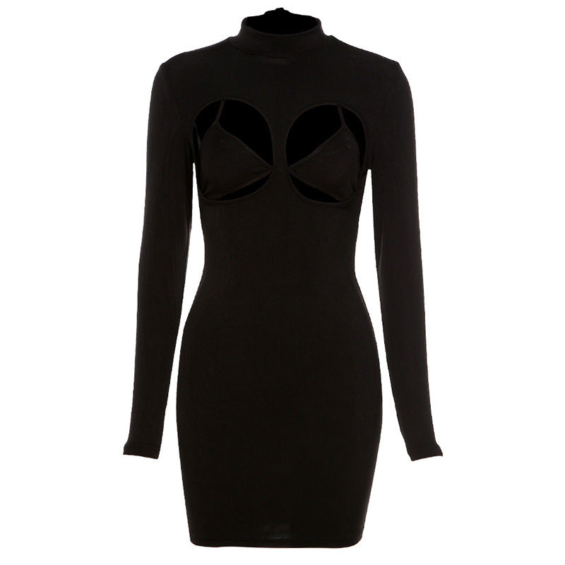 Hollow Stretch Slim Bag Hip Solid Color Dress