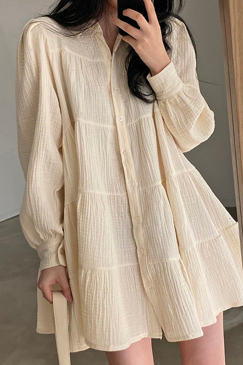 Simple Temperament Lapel Folds Feeling Loose Single-breasted Puff Sleeve Short Doll Skirt