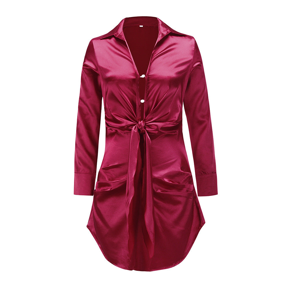 V-neck Shirt Skirt Long-sleeved Silk Dress