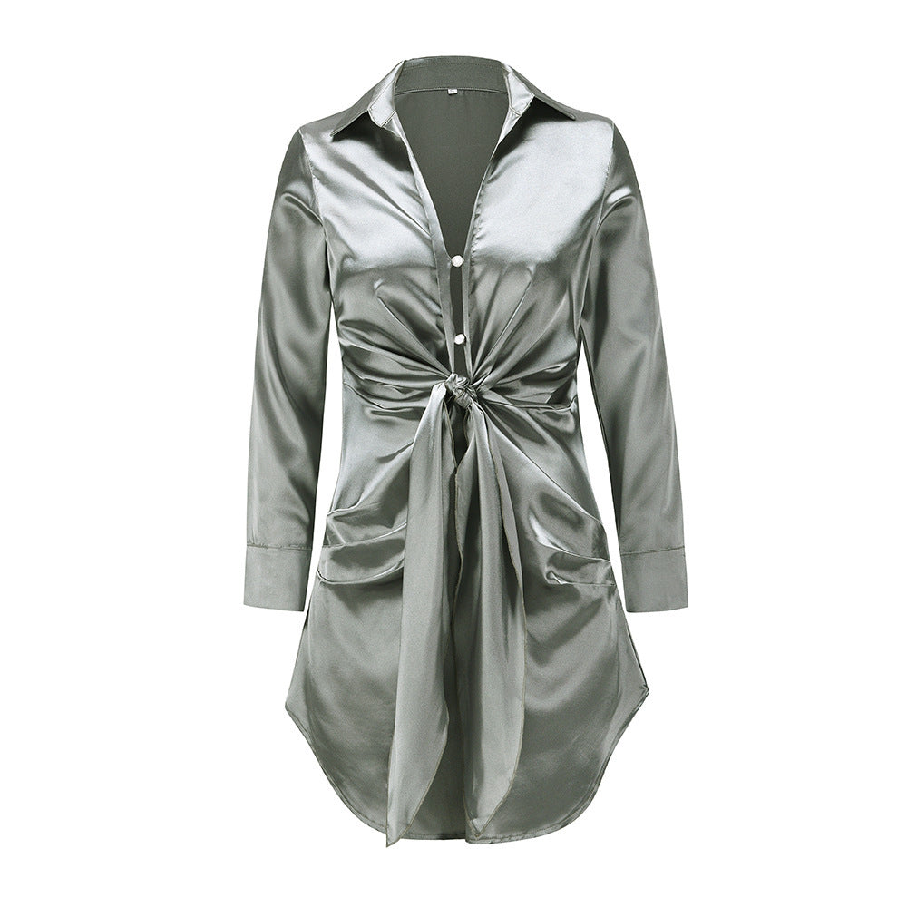 V-neck Shirt Skirt Long-sleeved Silk Dress