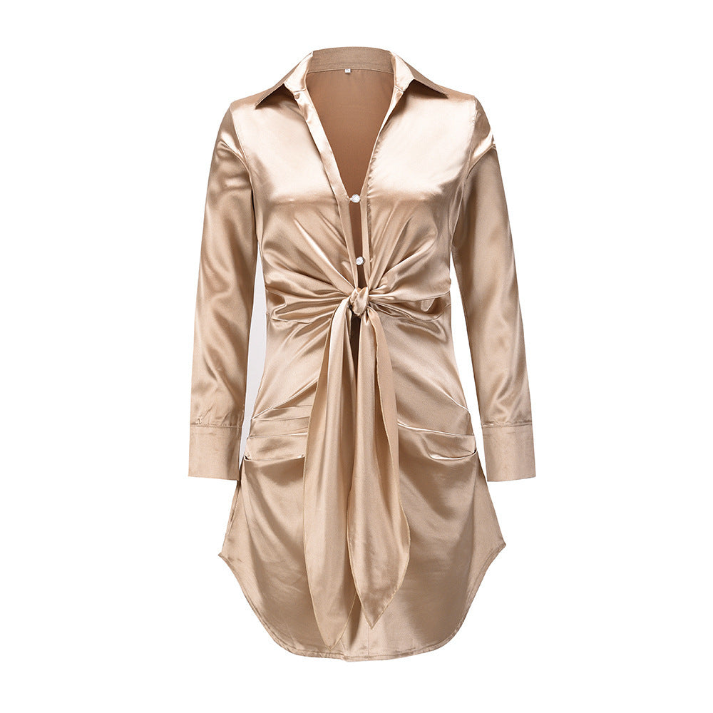 V-neck Shirt Skirt Long-sleeved Silk Dress