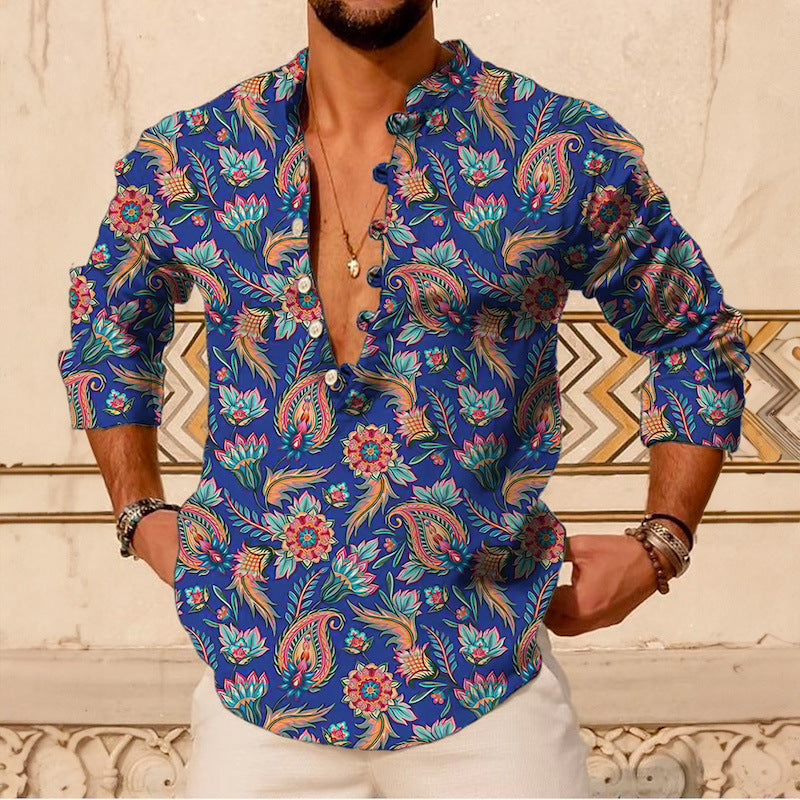 Young Casual Thin Printed Long Sleeve Stand Collar Men's Shirt