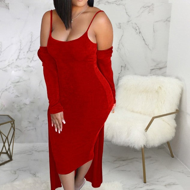 Winter Fleece Lining Sexy Suspender Women's Skirt Coat Two-piece Set