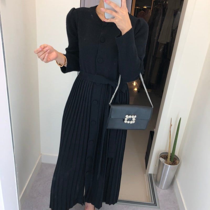 Round neck single-breasted lace-up bow knitted pleated dress