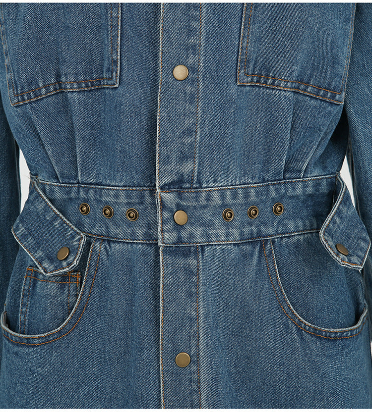 Korean style slim denim dress female waist single breasted