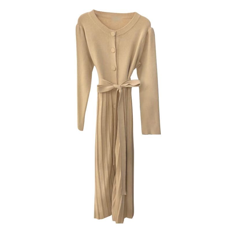 Round neck single-breasted lace-up bow knitted pleated dress