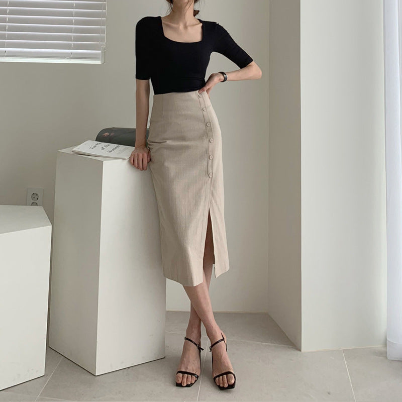 Super Fire Side Slit Cotton And Linen Skirt