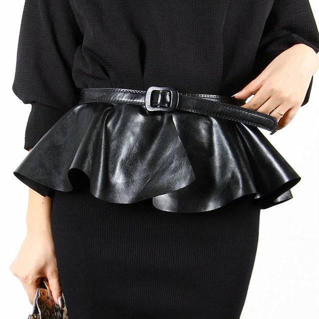 Ruffled Black Extra-Wide Waist Belt Skirt