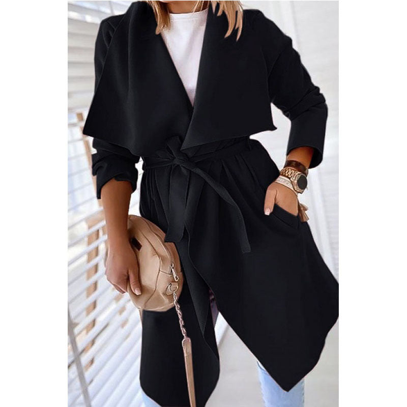Lapel solid color long trench coat